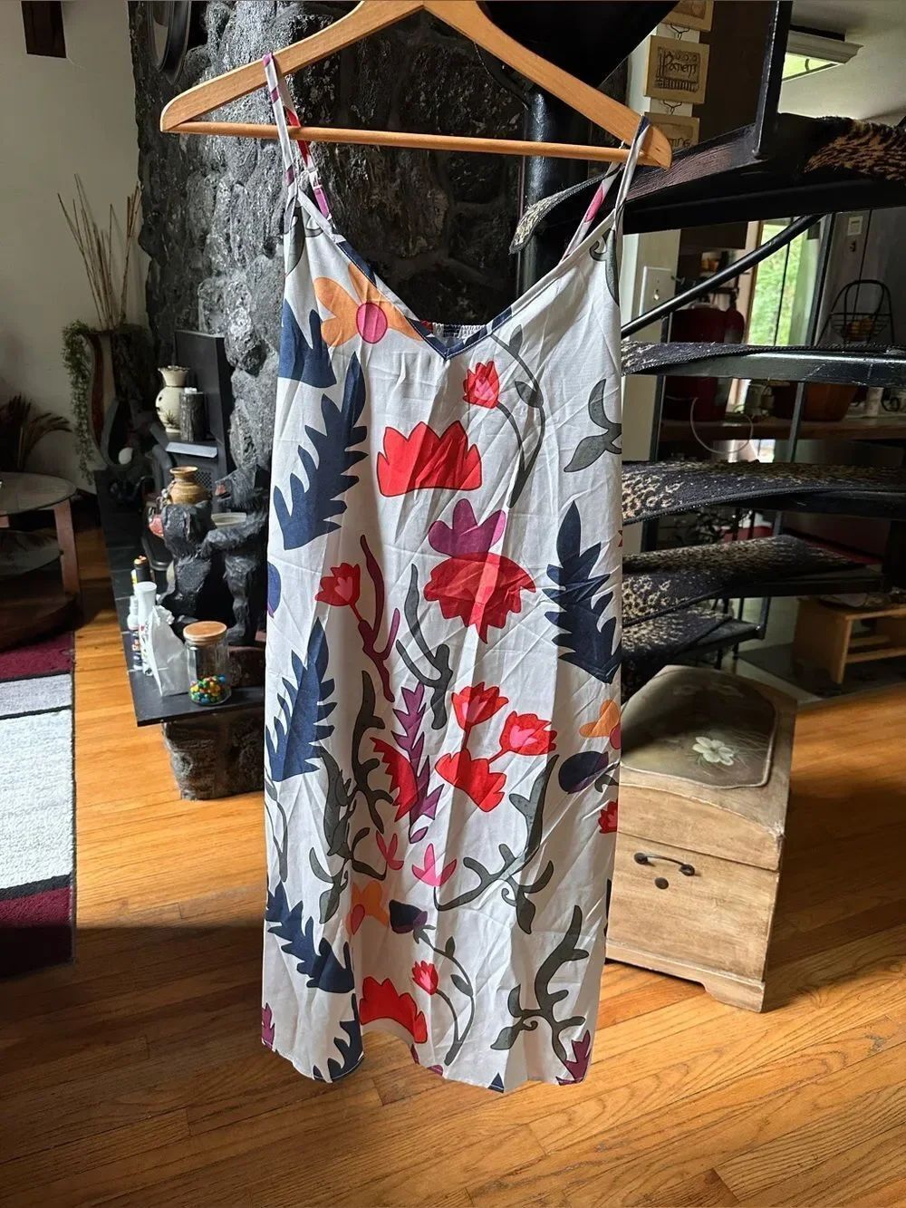 Floral Slip Dress - Bold Red & Navy Print
